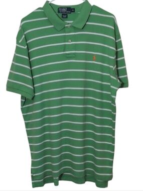 💲⬇️Polo by Ralph Lauren Green/White Striped Polo Shirt, Orange Stitched Logo